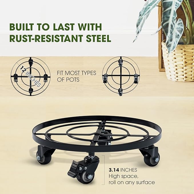 IDZO Round Heavy Duty Plant Caddy with Wheels, Cast Iron Plant Dolly, Plant Stand with Wheels, Load Capacity 180 Lbs, Repositioning Heavy Pots, Hauling Heavy Household Items, 12 Inch - Black