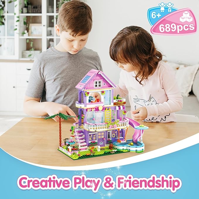 Girls Building Blocks Set,689pcs Garden Villa House Building Block for Kids 6-12 and 8-14,Holiday Cottage Bricks Kit, Building Toy Xmas Birthday Gift for Girls Kids 6 7 8 9 10 11 12 13 14