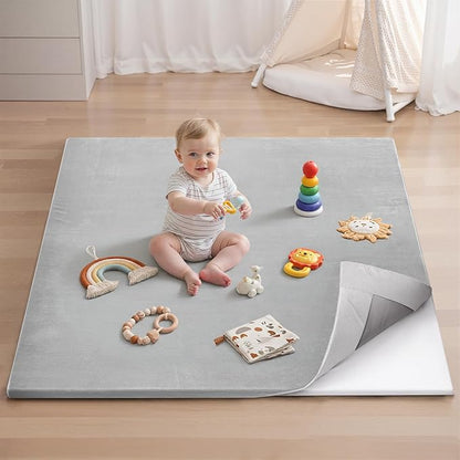 Blissful Diary Ultra Soft Baby Play Mat, 50x50 Floor Mat with Removable & Washable Slip-On Cover for Babies and Toddlers Infants, Light Grey