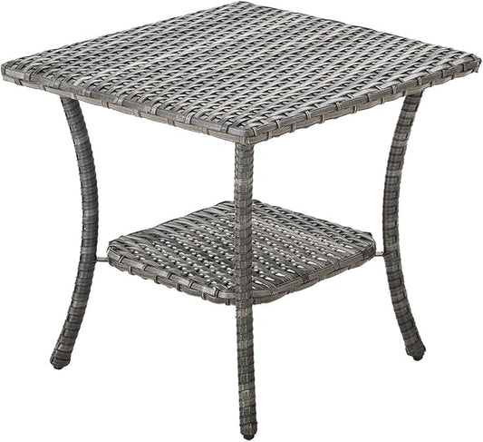 Patio Tables Outdoor Coffee Table - Wicker Rattan Side Tables with 2-Tier Storage Shelf End Table for Porch Deck Balcony Garden Outside Square Mixed Grey
