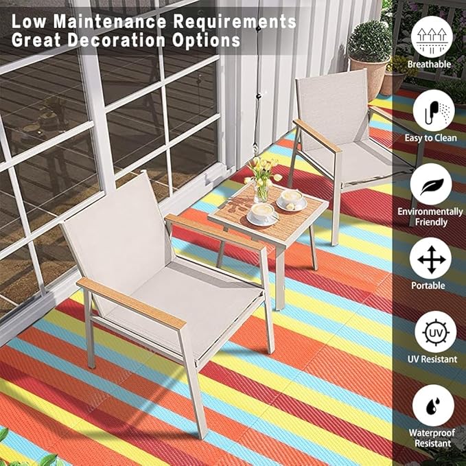 Outdoor Waterproof Rug 9'x12' Plastic Straw Rugs Washable Reversible Floor Mat Rainbow Stripe Carpet for Camping RV Deck Entryance Porch Picnic Balcony Beach Backyard