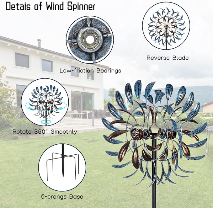 VEWOGARDEN Large Wind Spinners Outdoor, Metal Wind Sculptures & Spinners 360 Degrees Kinetic Wind Spinners for Yard and Garden 64 * 15.7 Inches