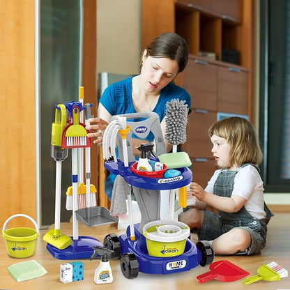 Kids Cleaning Set for Toddlers Pretend Play Housekeeping Supplies Kits with Real Working Vacuum Cleaner, Broom, Spray Bottle, Dust Pan and More Role Play Educational Toys for Toddler Boys Girls (Blue)