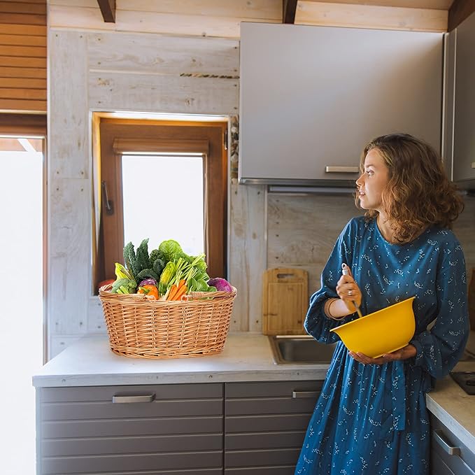 Wicker Picnic Basket with Double Folding Handles, Natural Large Willow Hamper Empty Basket Cheap Easter Eggs Candy Storage Wine Basket for Toy, Flower, Wedding（Grey 16inch）