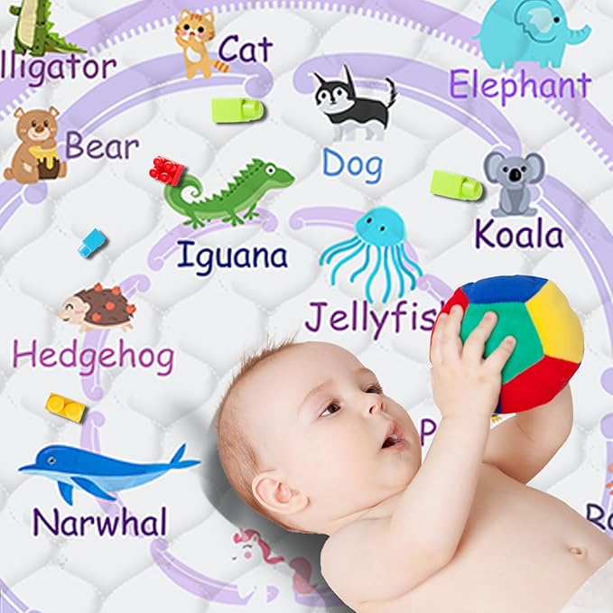 Baby Play Mat，Thick Soft 50" X 50" Playpen mat, Non-Slip and Machine Washable Baby Play Mats for Floor，Crawling Mat for Babies, Toddlers & Infants to Play and Learn (Purple Animal, 50" X 50")