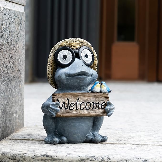 Garden Statue of Frog with Solar Light Eyes,Solar Decor Frog Outdoor Decorations,Frogs Figurine for Patio, Balcony, Yard, Lawn Ornament,Perfect Garden Gift,9.72inch