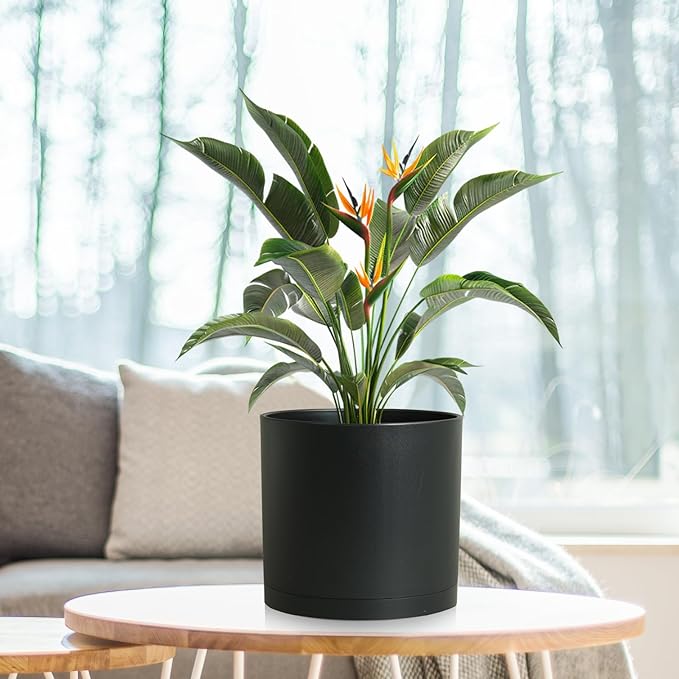 8 Inch Medium Plant Pots for Indoor Outdoor Plants, Cylinder Deep Flower Pots with Drainage Holes & Saucer, Decorative Plastic Planter Pots for Garden House Plants, Black