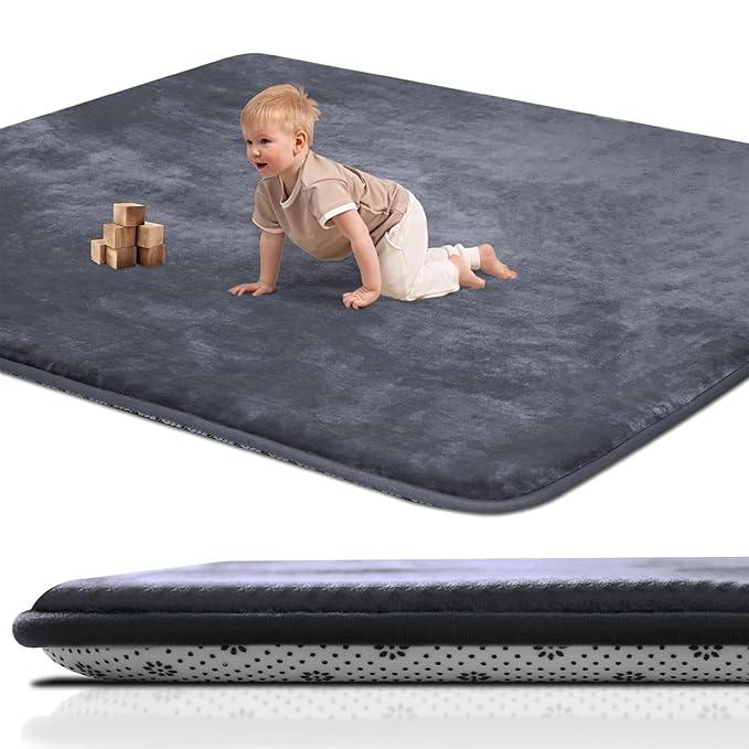 Thick Baby Play Mat for Floor,Padded Foam 59x39 Nursery Rug,Ultra Soft Support & Plush Feel Tummy Time Mat,Non Slip for Toddler,Infants,Kids Play,Yoga,Baby Crawling (Dark Grey)