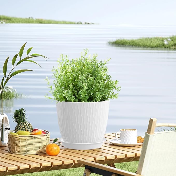 7 inch Plant Pots, 5 Pack Flower Pots with Drainage Holes and Saucers for Indoor Plants, Plastic Planters with Water Ripple for Small Garden House Plants, Nursery Pots for Succulent, White