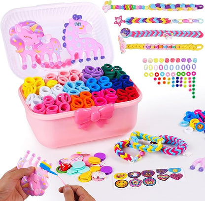Kids Art and Craft Kit, DIY Bracelet Making Kit for Kids Age 6+ Years Old, 1200+ Colorful Hair Ties Rubber Band Bracelet Make Toy with Unicorn Giraffe Weaving Comb, Organizer Case, Gifts for Girls