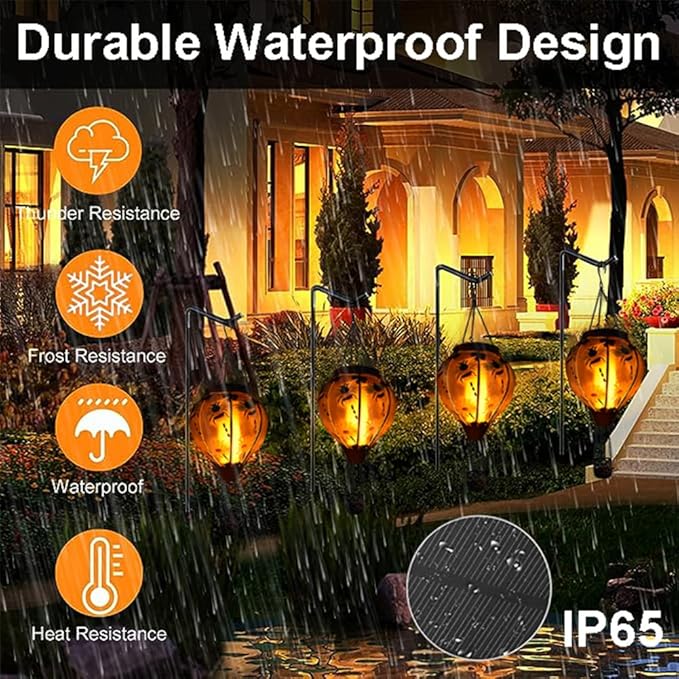 Hot Air Balloon Solar Lantern with Flickering Flame, Glass Hanging Garden Lights Outdoor Waterproof for Tree Yard Patio Mother's Day Gift, 18" H Bee