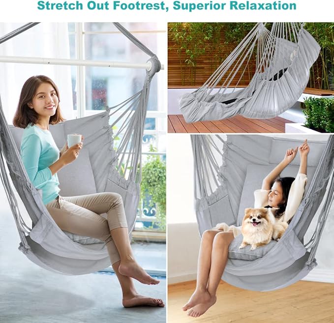 Outerman Hammock Chair, Hanging Chair with 3 Cushions and Foot Rest Support, Sturdy Metal Spreader Bar Max 440 Lbs, Swing Chair for Bedroom, Indoor & Outdoor, Patio, Porch or Tree（Gray）
