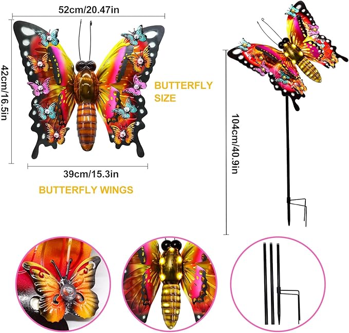 Solar Garden Lights, Outdoor Butterfly Garden Decor Large 41" Metal Decorative Garden Stake Lights, Waterproof Butterfly Decoration for Outside Patio Yard Porch Birthday Gardening Gifts for Mom Women