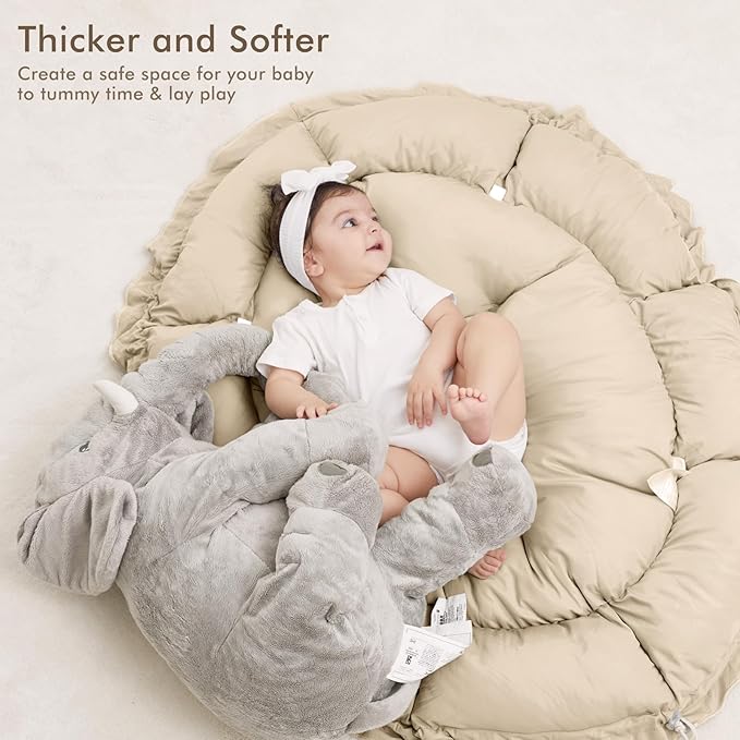 ANGELBLISS 5 in 1 Baby Play Gym Mat, Reversible Tummy Time Mat with 5 Sensory Toys for Stage-Based Developmental, Thick & Large Baby Activity Center from Newborn to Toddler (Khaki)