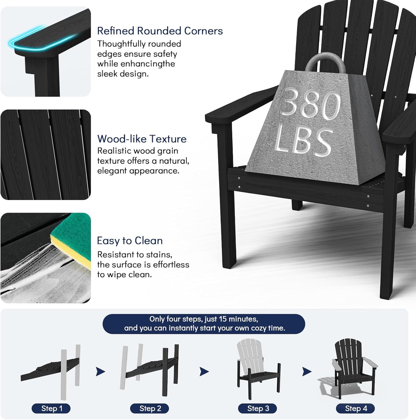 Stackable Adirondack Chair Set of 4, HDPE Outdoor Patio Chair - Durable and Space Saving, Suitable for Porches, Lawns or Garden, Black