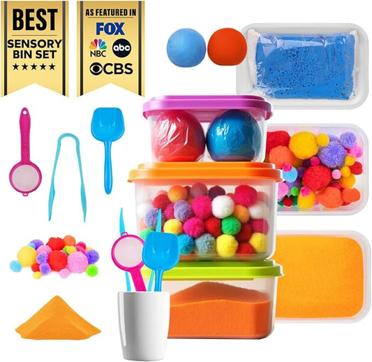 Sensory Kit for Toddlers and Kids - Includes 3 Bins with Lids, Play Tools, Sand, Feathers, Clay, Color Beads and Pom Poms Kids Box Fillers (Starter Set)