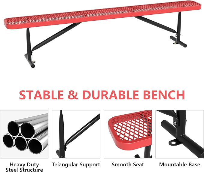 48" L Outdoor Steel Flat Bench, Heavy Duty Metal Park Bench for Outside, Expanded Metal, Commercial Benches Mesh Bench for Shopping Mall, Store, Lawn, Park, Patio, Deck, Garden (Red, 8FT)