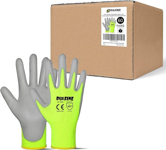 DULFINE Safety Work Gloves for Men PU Coated 60 Pairs Bulk Pack,Hi-Vis Yellow Seamless Knit Glove with thin Polyurethane Coated Smooth Grip on Palm & Fingers,Ideal for General Duty Work (Medium)