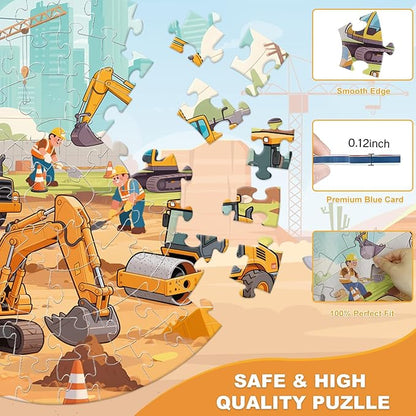 Floor Puzzles for Kids Ages 4-6 70 Piece Construction Site Large Floor Puzzle with Excavator, Dump Truck, Bulldozer Building Site Jigsaw Puzzles Educational Toy Gift for Boys Ages 6-8