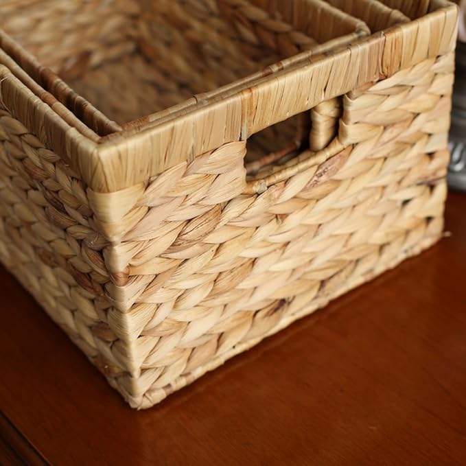 Storage Baskets,Woven Natural Water hyacinth Box with Handle,Kingwillow.(Set of 3)
