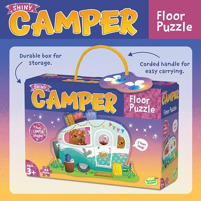 Peaceable Kingdom Shiny Camper Floor Puzzle – Giant Camping Puzzle for Kids Ages 3 & up – Fun Camper Shape – Great for Classrooms
