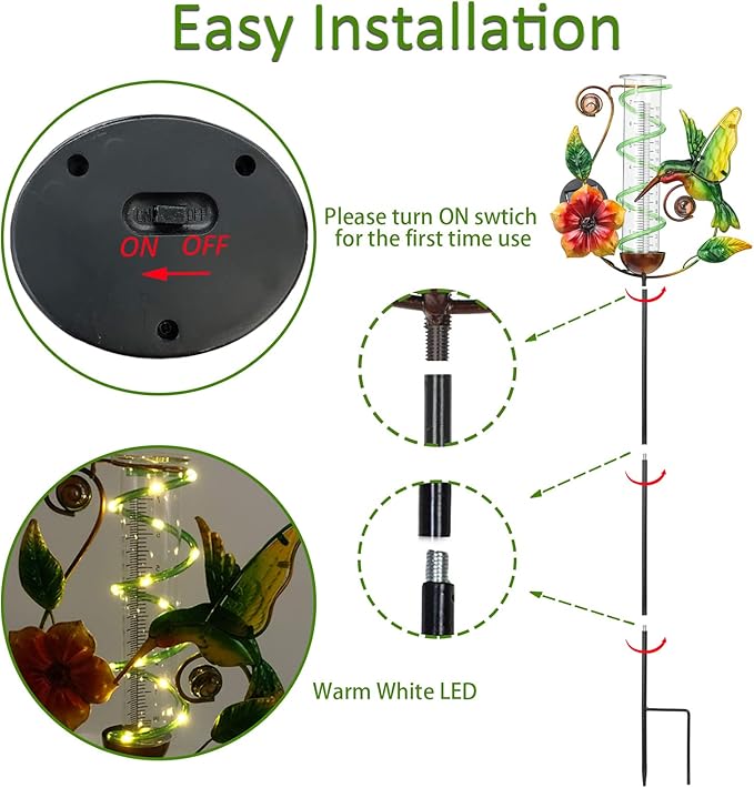 BAYN 36.3” Rain Gauge Outdoor Solar Powered 10 LEDs 7” Tube Garden Hummingbird Metal Decorative Stake with Waterproof Large Glass Tube Rain Guage for Yard, Garden, Patio, Lawn