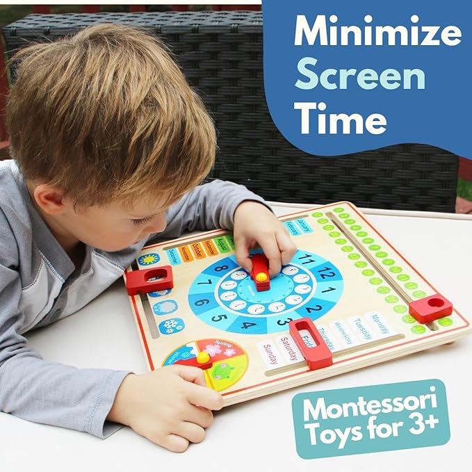 Pidoko Kids Montessori Toys for Toddlers 3 Years - 4 Year Old Learning Materials for Preschool - All About Today Board - Wooden Calendar and Learning Clock - Educational Gifts for Boys and Girls