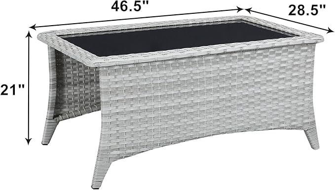 Patio Tables Wicker Coffee Table - Outdoor Rattan Coffee Tables with Glass Top for Patio Proch Deck Balcony Rectangle Light Grey