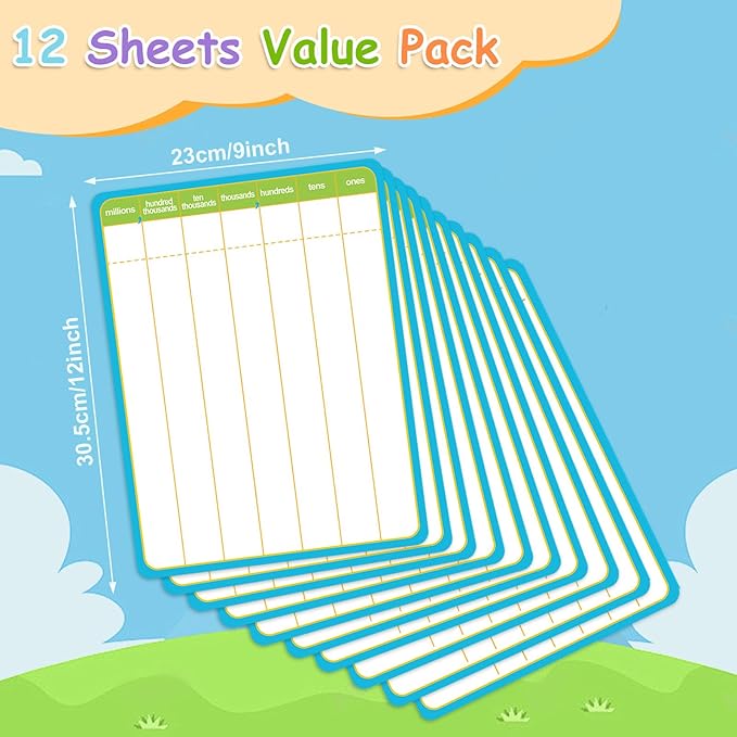 12 Pack Long Division Dry Erase Card Chart,12" x 9" Multiplication Flash Card Math Manipulative Small Whiteboard for Student Teacher 2ND 3RD 4TH Grade Classroom Homeschool Supplies Essential