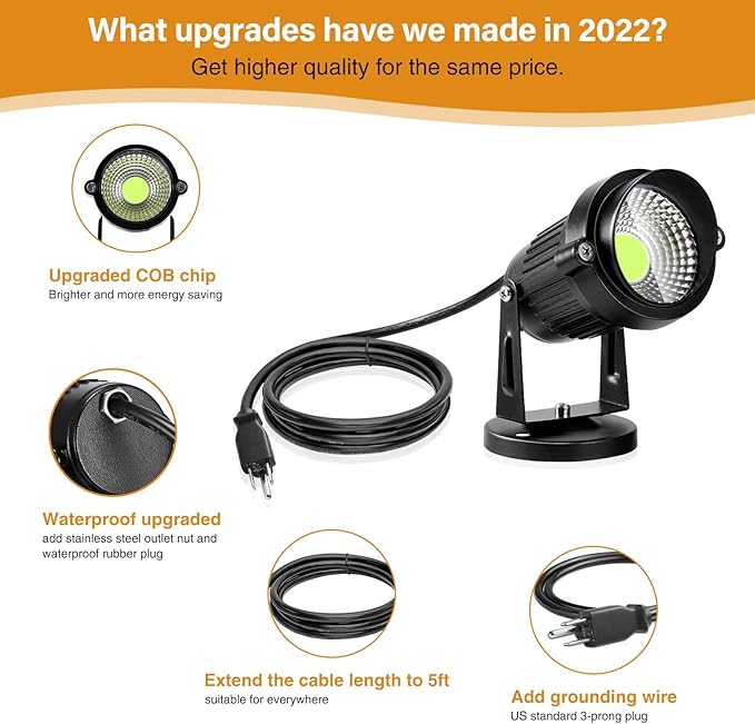 LemonBest Landscape Lights - 5W 110V Outdoor Spotlight - Waterproof IP65-3000K Cool White LED Landscape Lights - 5ft Cable for Yard Garden Patio Driveway House (Include Spike) (6 Pack)