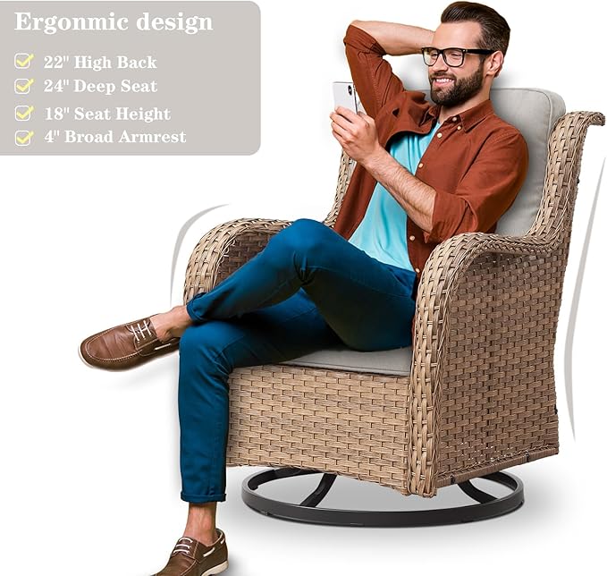 4 Pieces Patio Furniture Sets, Wicker Patio Swivel Glider Chair with Ottomans, Outdoor Furniture Set for Outside Porch, Deck, Balcony, Garden, Yellow