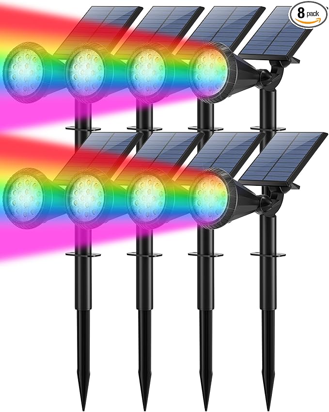 Solar Christmas Spot Lights Outdoor Waterproof Color Changing 180° Adjustable RGB Solar Powered Landscape Lights for Yard 7 Lighting Modes Solar Spotlights for Pathway Garden Outside (8 Pack)