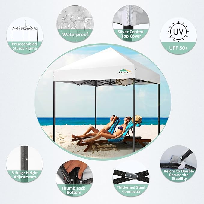 COBIZI 6.6x6.6ft Pop Up Canopy Tent, Heavy Duty Canopy Easy Set up All Weather Waterproof Outdoor Canopy Tent for Parties, Beach, Garden, Camping with 1 Handbag, 3 Adjustable Heights, UPF50+, White