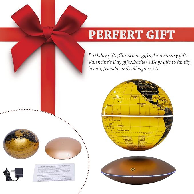 6" Magnetic Levitation Floating Globe Anti Gravity Rotating World Map with LED Light 7 Colors Display Floating Globe for Children Educational Gift Home Office Desk Decor (Gold)