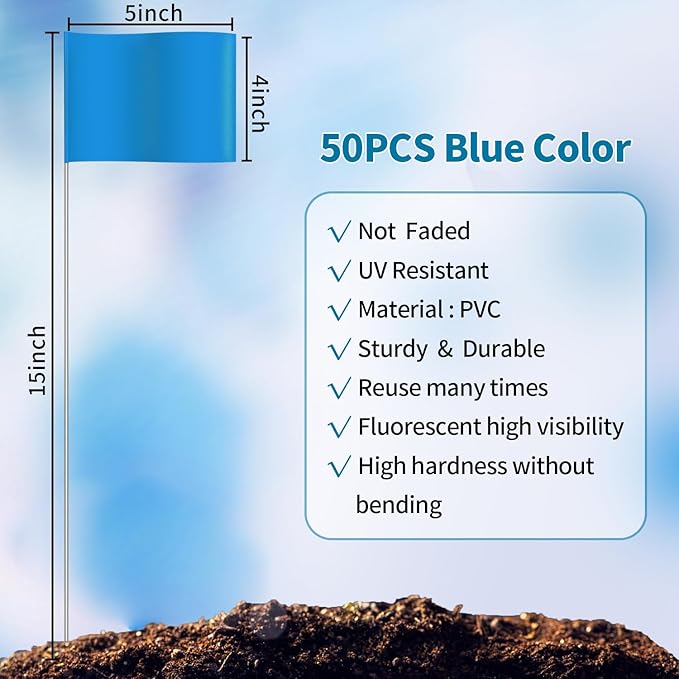 Zozen 50Pack Blue Marking Flags, Writable/15x4x5 Inch, Yard Flags for Lawn & Irrigation & Landscape & Sprinkler & Survey & Dog Training.