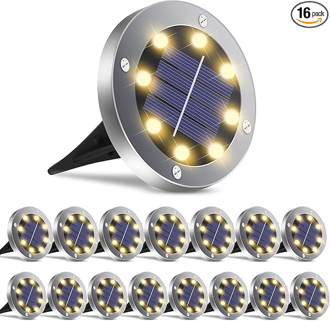 Solar Ground Lights 16Pack, Garden Solar Lights Outdoor Waterproof Solar Pathway Lights Bright In-Ground Lights Outdoor Lighting Decor for Lawn, Patio, Yard, Driveway,Walkway Warm Light