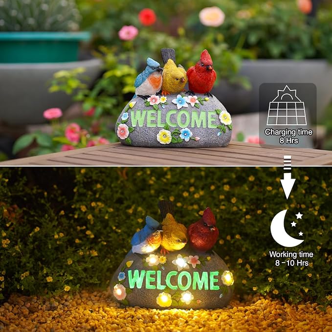 Solar Birds Welcome Sign - Outdoor Bird Decor with Solar LED Lights - Elegant and Charming Figurines for Women, Moms & Garden Enthusiasts