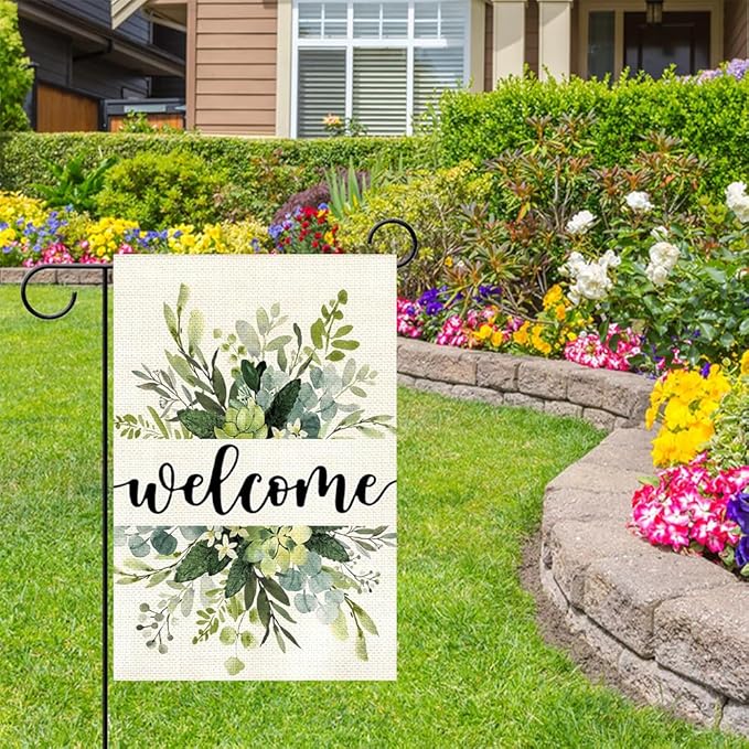 Spring Floral Welcome Garden Flag 12x18 Inch Double Sided Outside, Eucalyptus Seasonal Farmhouse Yard Outdoor Flag