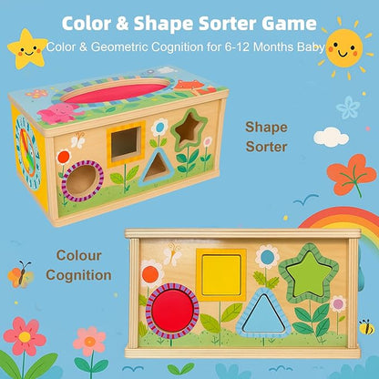 6-in-1 Montessori Baby Tissue Box Toy, Wooden Activity Cube for 6+ Months, Color & Shape Sorter Puzzles Sensory Toys for 12-18 Months. Baby Early Education Fine Motor Skills Gift for Toddlers 1-3