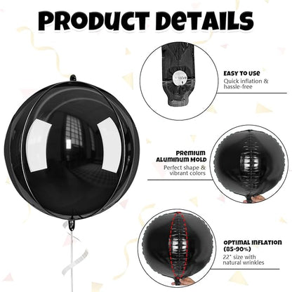 Giant 4D Foil Balloons, 6Pcs Large Metallic Black Round Balloons, 22 Inch Big Round Foil Balloon for Black Birthday Party Baby Shower Wedding Decorations