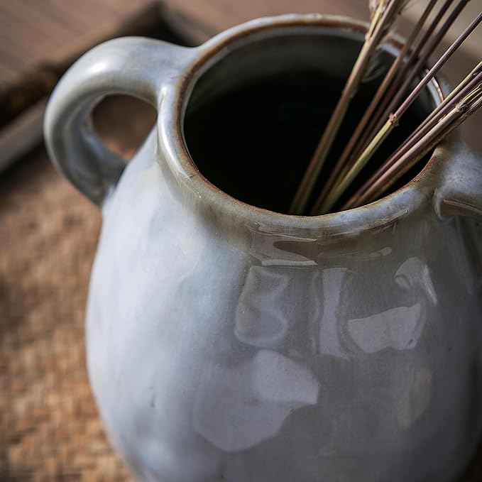 Kimdio Ceramic Vase with 2 Handles, Modern Farmhouse Grey Vase for Home Decor, Rustic Pottery Vase, Boho Decorative Terracotta for Flowers, Clay Pampas Grass Vases for Living Room Dining Table Shelves