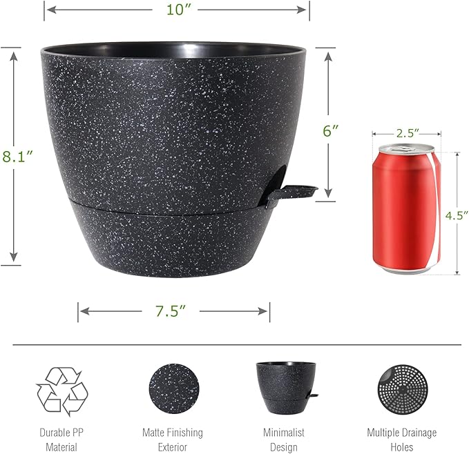 WOUSIWER 10 inch Self Watering Planters, 2 Pack Large Plastic Plant Pots with Deep Reservior and High Drainage Holes for Indoor Outdoor Plants and Flowers, Speckled Black