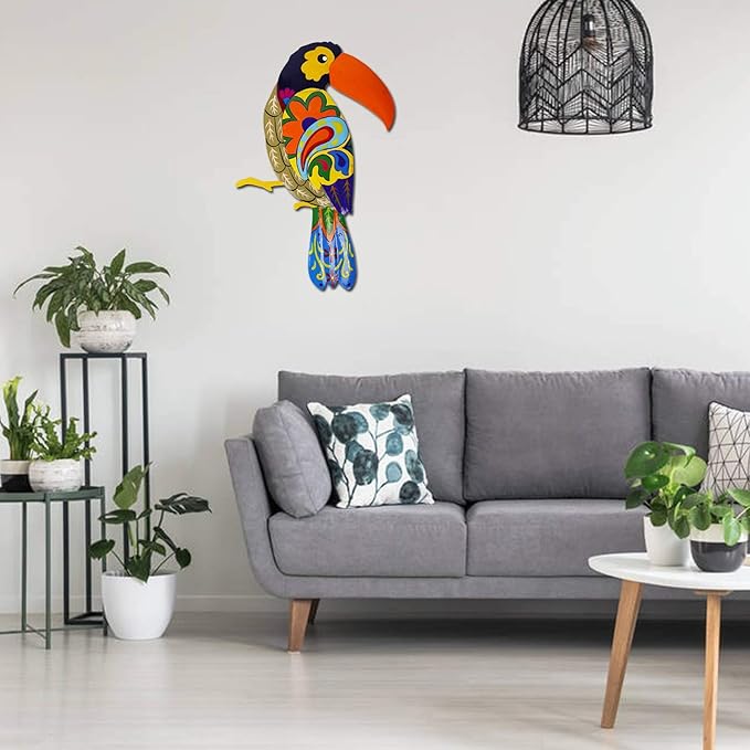 Large Metal Hornbill Wall Decor, Vivid Colorful Bird Art Wall Hanging for Indoor Outdoor Home Bedroom Office Garden (Orange)