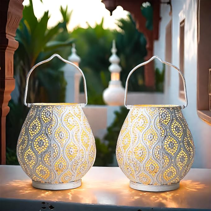TRIROCKS Set of 2 Moroccan Decorative Lamps 8'' High Battery Powered Cordless Lamp Metal Table Lamps with Fairy Lights Bulb for Home Living Room Garden Yard Party Events Tabletop Indoor Outdoor(White)