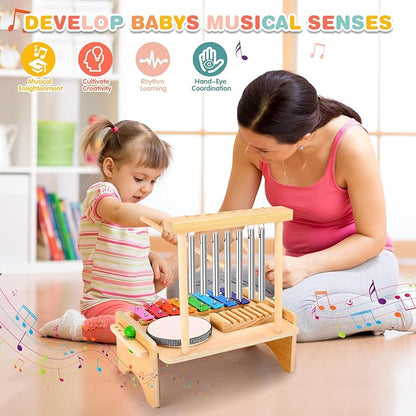 Kids Drum Set for Toddlers, Montessori Musical Instruments Toys, Toddler Drum Set Wooden Xylophone Musical Toys Birthday for Children Boys and Girls