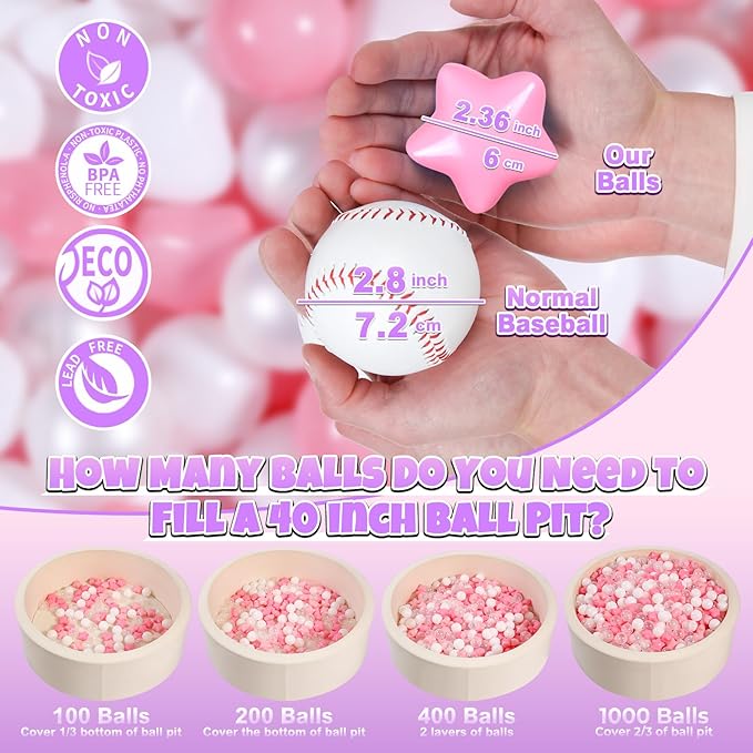 GOGOSO Pink Ball Pit Balls with Star Bals Heart Balls 100 - Crushproof Plasticballs for Babies Toddlers Kids Children for 1 2 3 4 5 Years Old,5 Colors,2.15inches