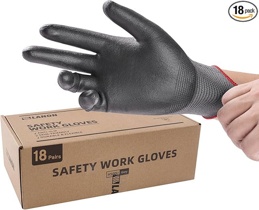LANON 18 Pairs Safety Work Gloves, Mechanic Working Gloves for Men,Breathable PU Coated, Seamless Knit,Double Wash, Grey, X-Large