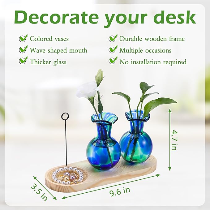 Hand Blown Glass Plant Propagation Stations Plant Terrarium Wooden Stand for Hydroponic Plants Combine Jewelry Tray and Photo Holder Office Home Garden Decor - 2 Bulb Glass Vases
