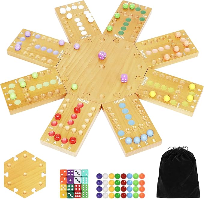 Marble Board Game,Wooden Board Game for 6-8 Players,Portable Design Marble Game with 32 Marbles 16 Dice, Family Game Night Gift for Kids & Adults