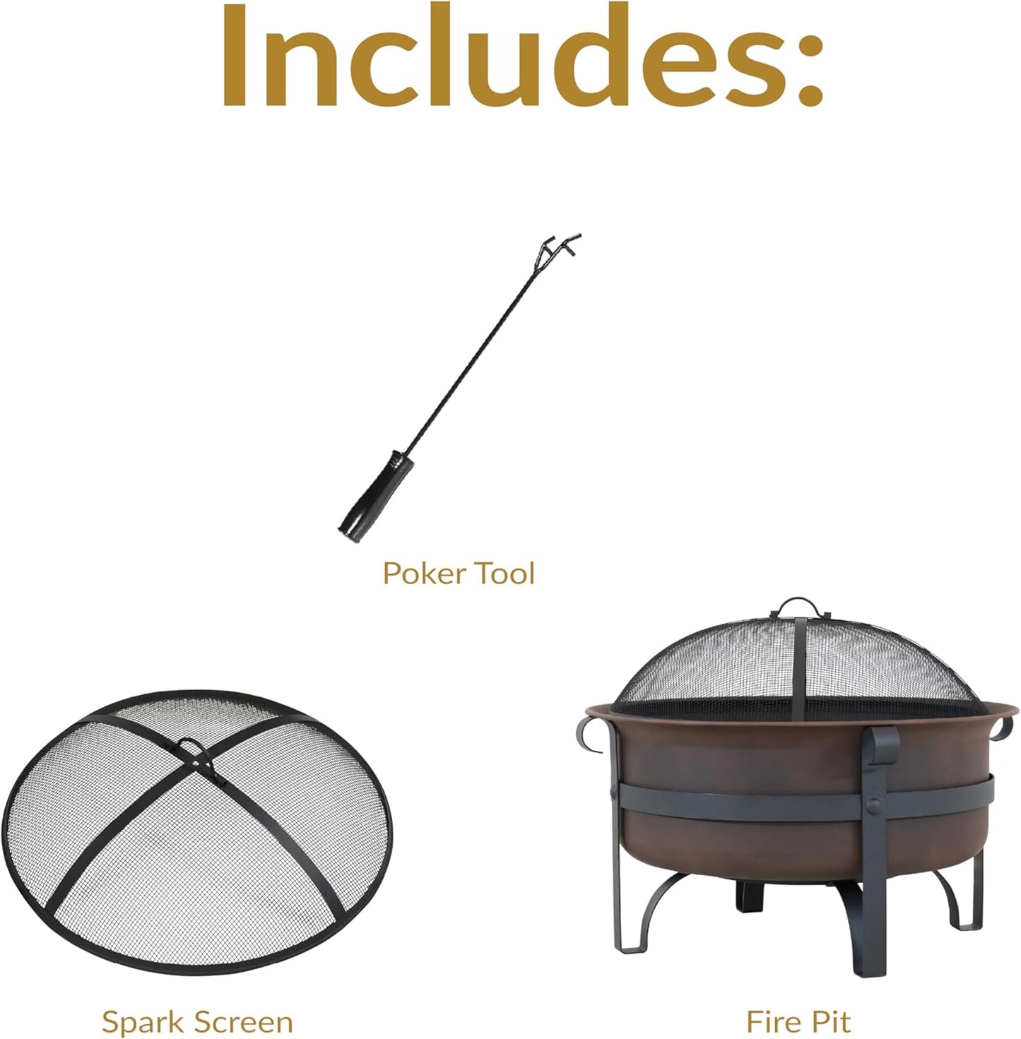 Sunnydaze 29-Inch Wood-Burning Outdoor Fire Pit - Bronze Cauldron Wood Fire Pit for Outside - Includes Poker and Spark Screen